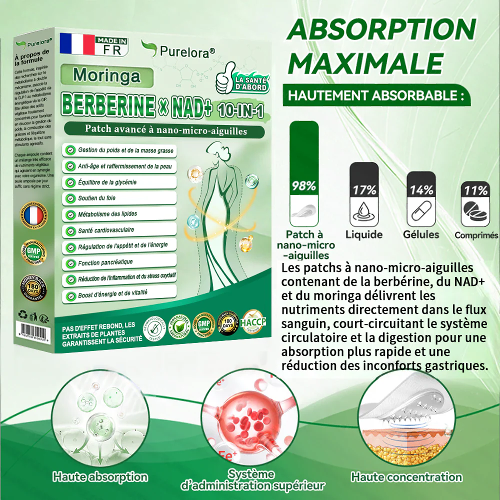 🔥 Coup de cœur des clients丨Purelora® Moringa Berbérine x NAD+ Patch Nano-Microneedle 10-en-1 Une application par jour, changements visibles dès 7 jours. Pour accompagner la gestion du poids, la fermeté de la peau et le bien-être global - Image 15