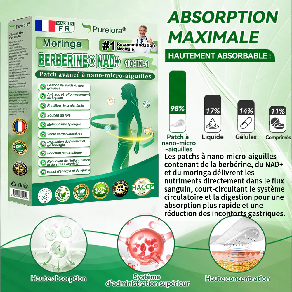🔥 Nouveauté & Meilleure vente丨Purelora® Moringa Berbérine x NAD+ Patch Nano-Microneedle 10-en-1 Une application par jour, changements visibles dès 7 jours. Pour accompagner la gestion du poids et le bien-être global. - Image 15